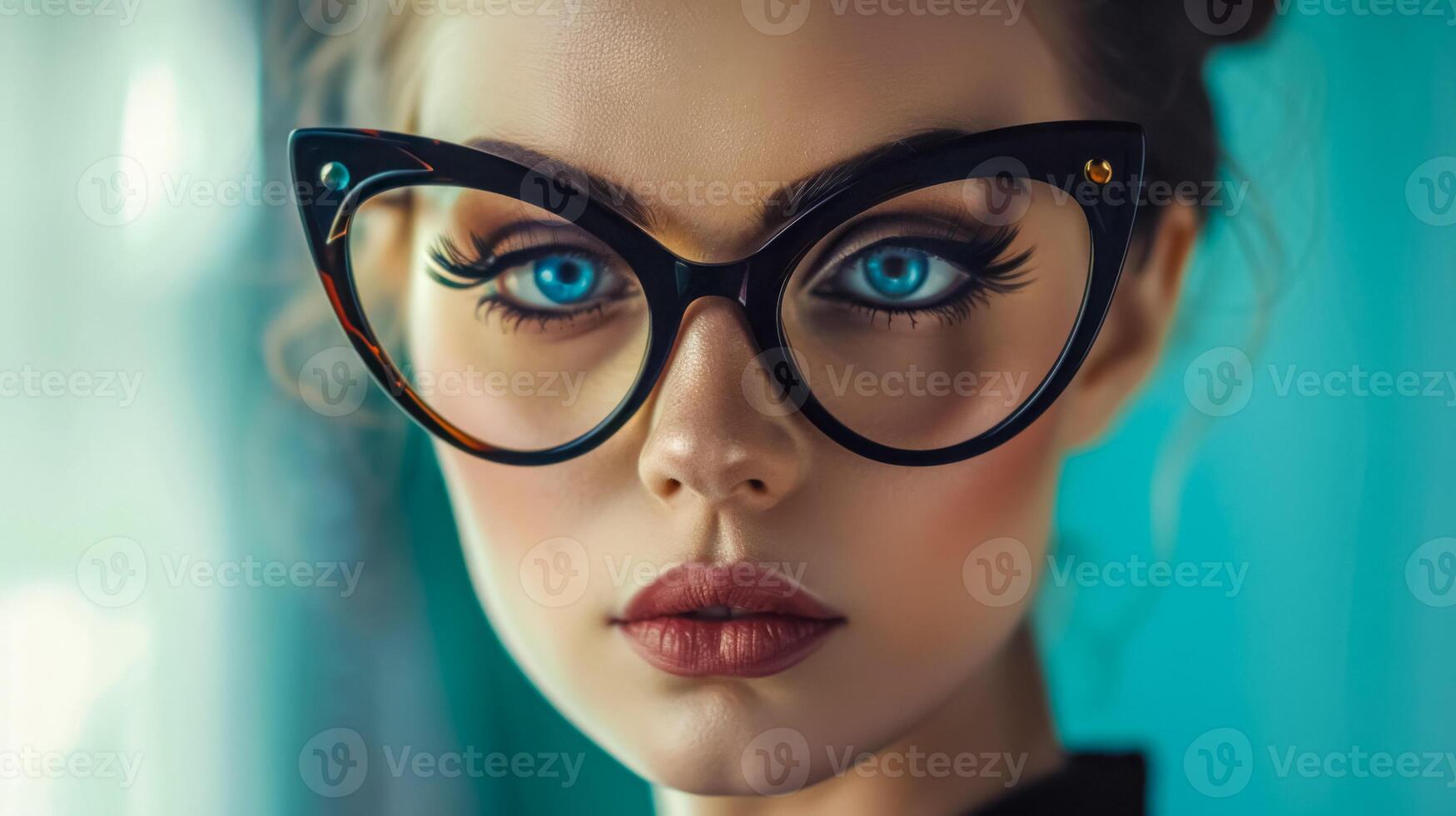 ai gegenereerd opvallend blauw ogen achter groot zwart bril foto