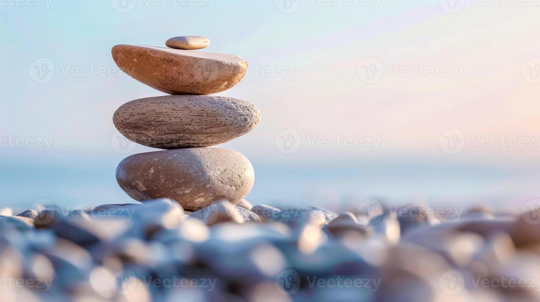 ai gegenereerd sereen balans stenen tegen zonsondergang lucht foto