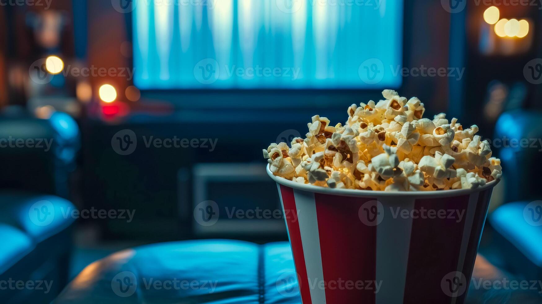 ai gegenereerd knus huis bioscoop instelling met popcorn foto