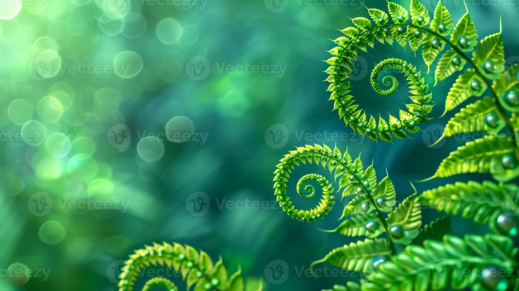 ai gegenereerd levendig groen varen spiralen met dauw druppels foto