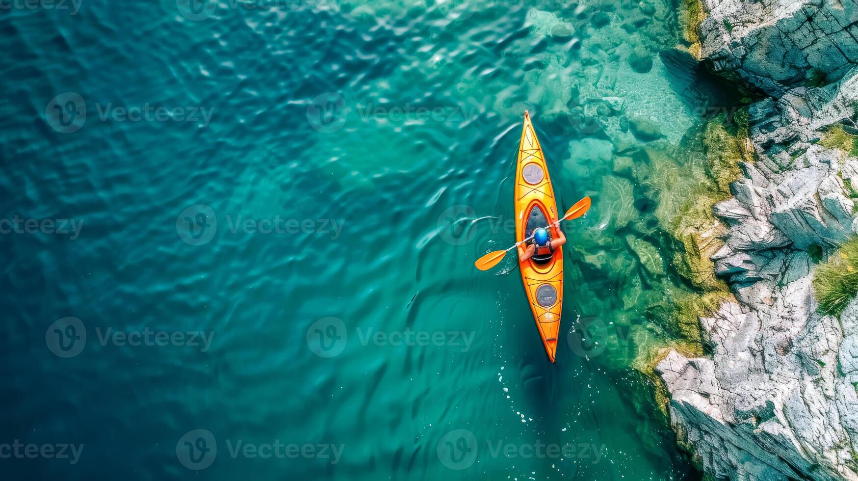 ai gegenereerd antenne visie van solo kayaker in de buurt rotsachtig kust foto