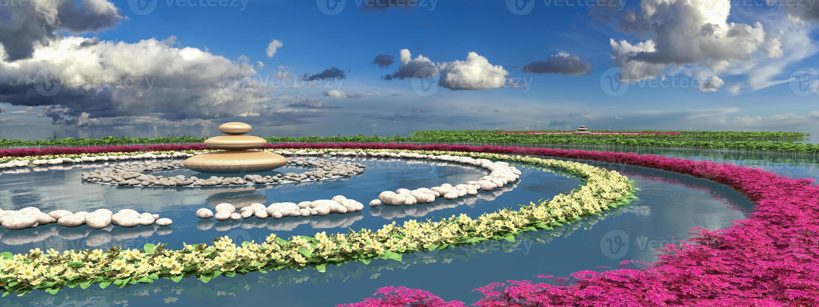 kalmte Aan de water. beige zen stenen en kleurrijk bloemen reflecties foto