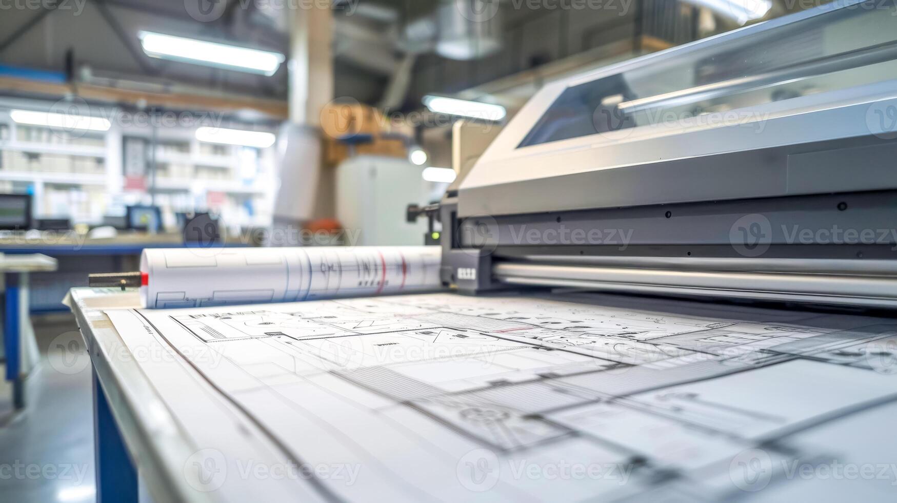 ai gegenereerd industrieel printer met bouwkundig plannen in werkruimte foto