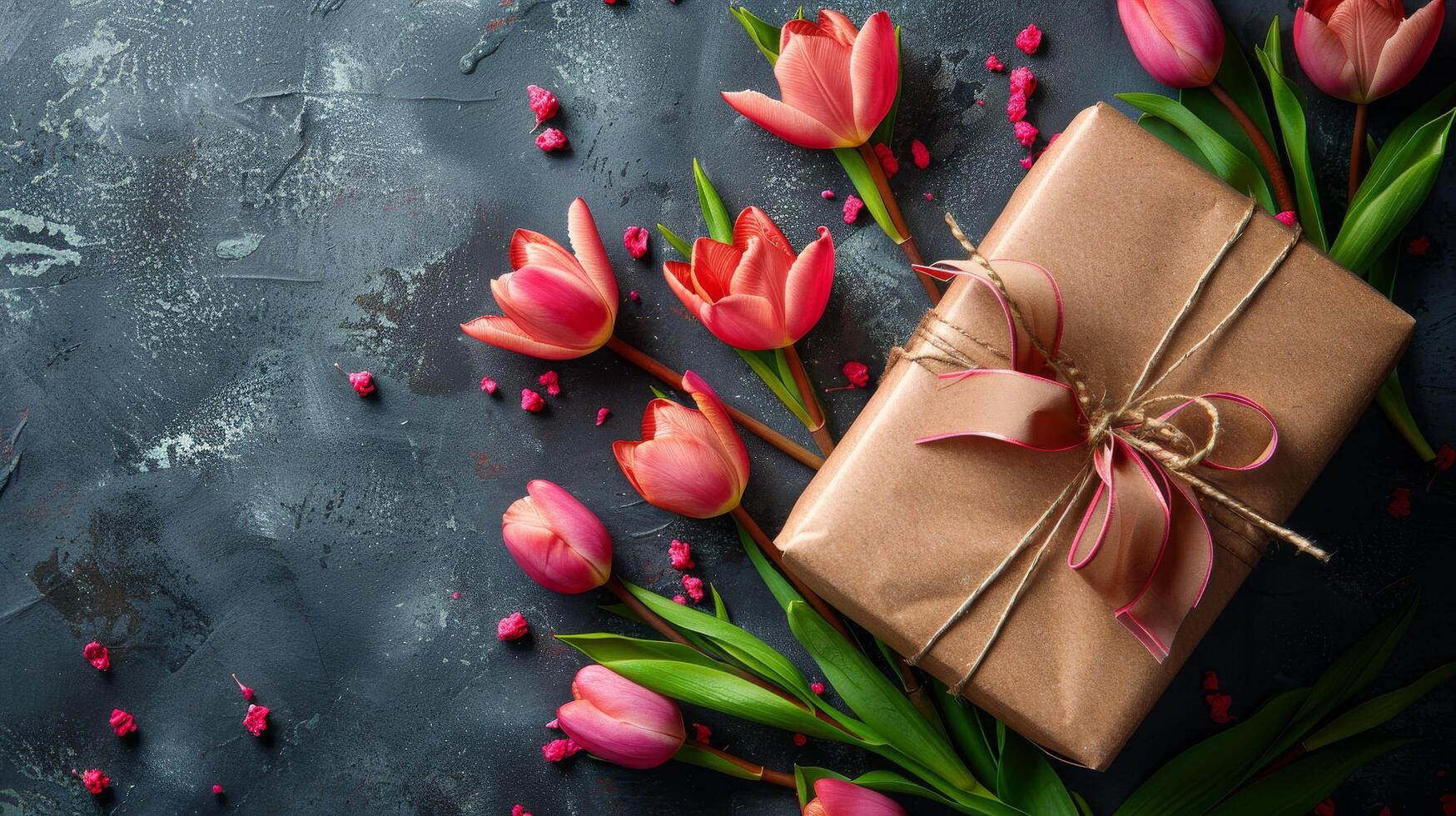 ai gegenereerd roze boog geschenk doos met tulpen foto