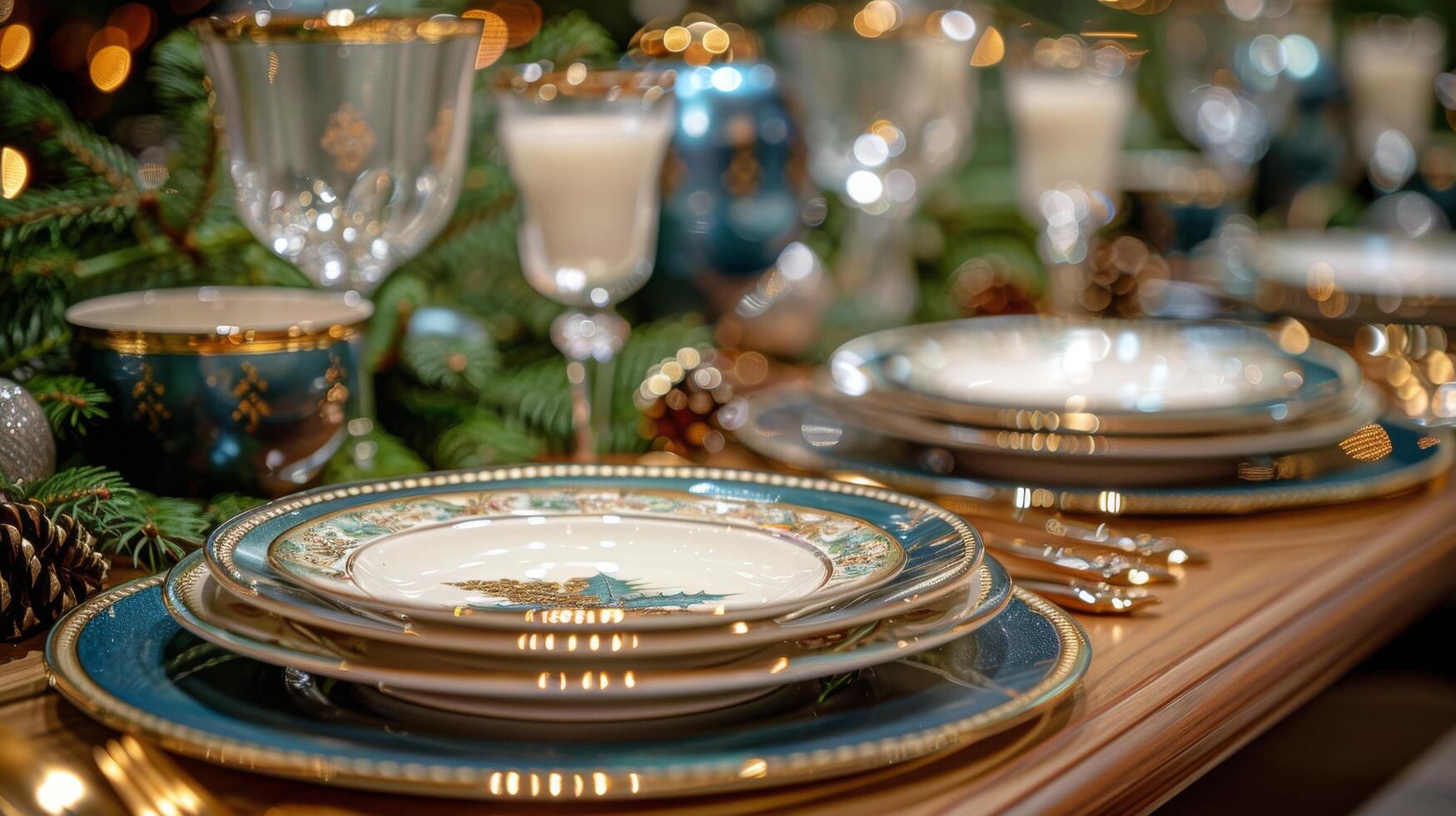 ai gegenereerd elegant wit en goud Kerstmis tafel instelling foto