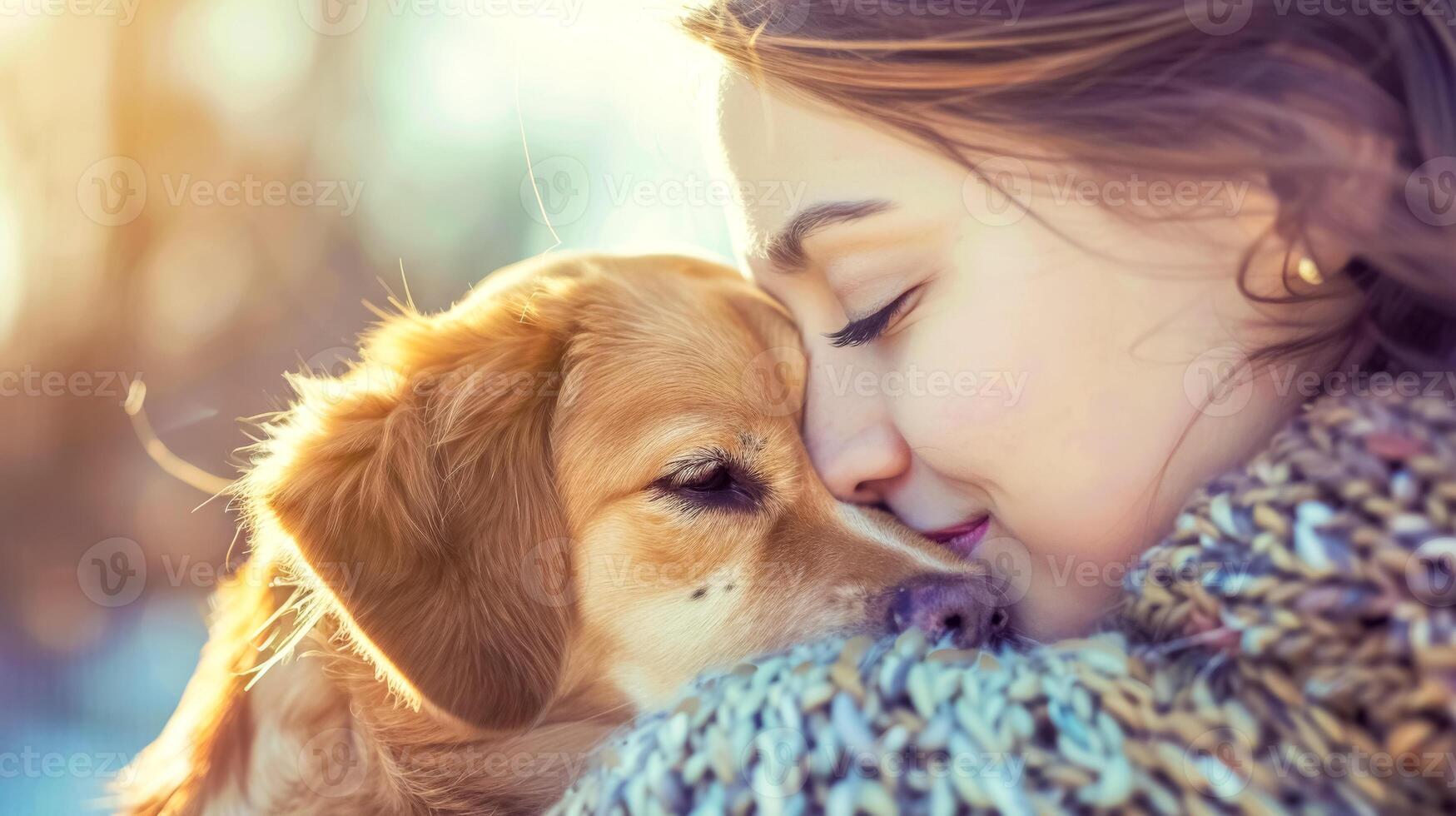 ai gegenereerd aanhankelijk omhelzing tussen vrouw en hond foto