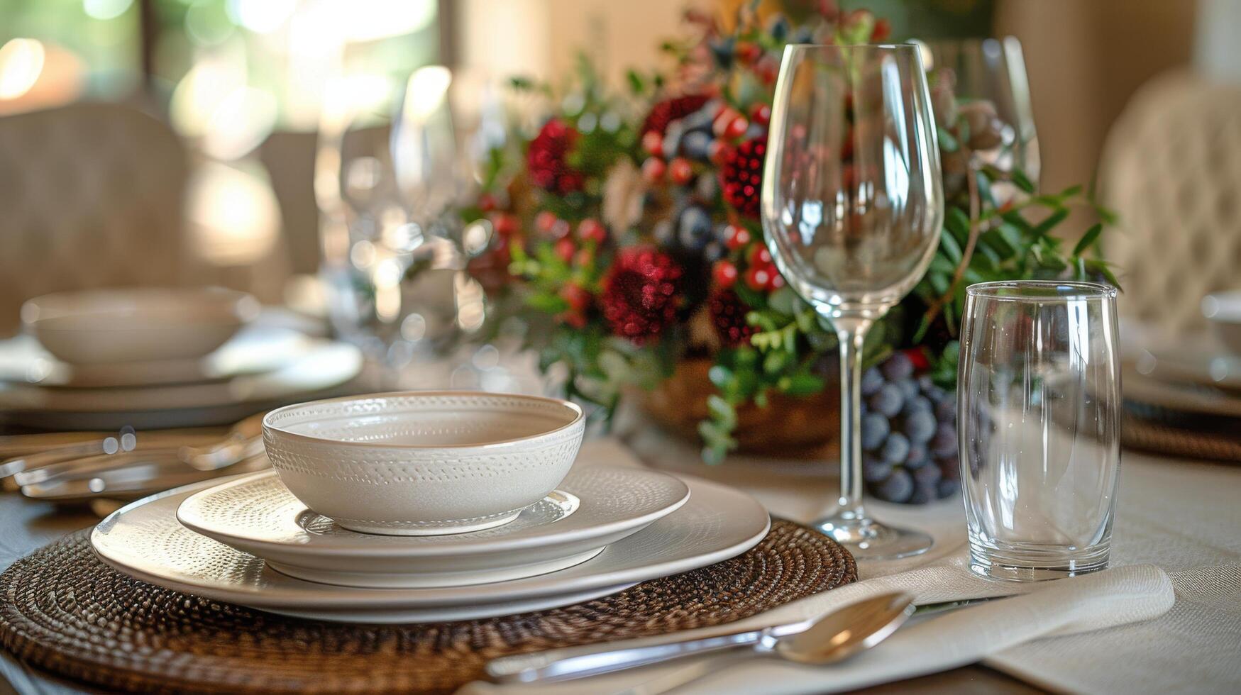 ai gegenereerd elegant wit en goud Kerstmis tafel instelling foto