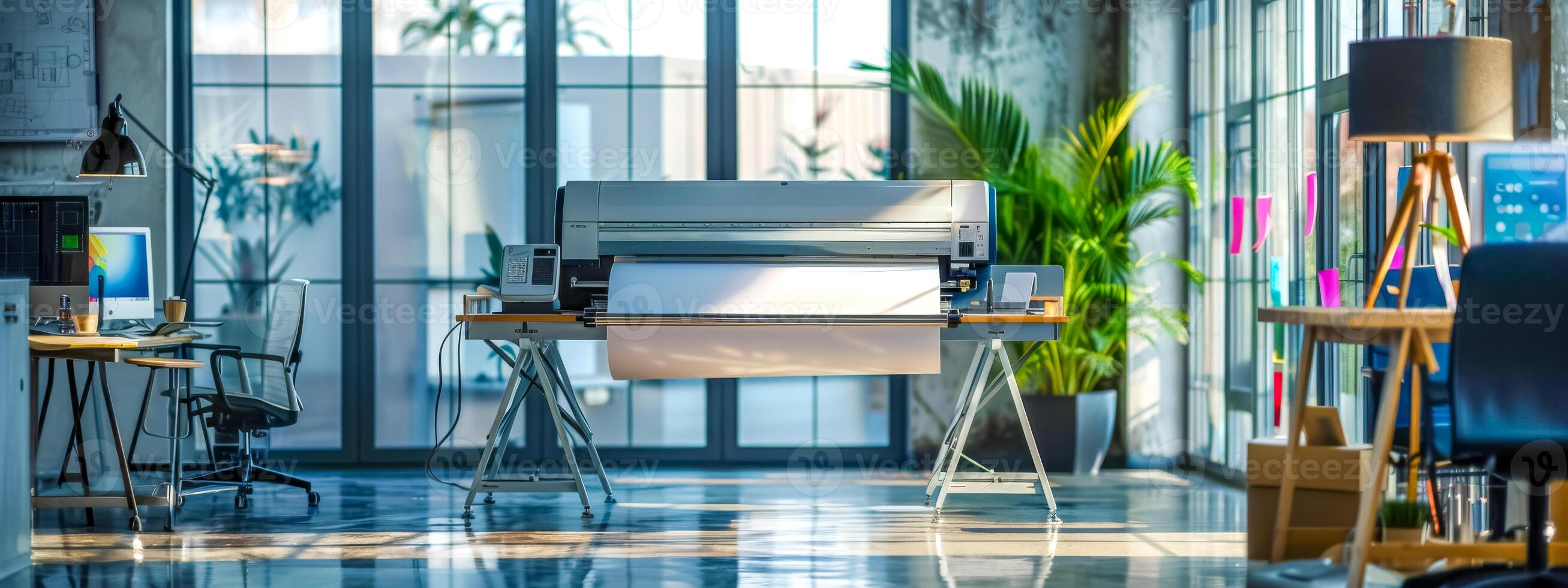 ai gegenereerd modern het drukken werkruimte met groot formaat printer foto