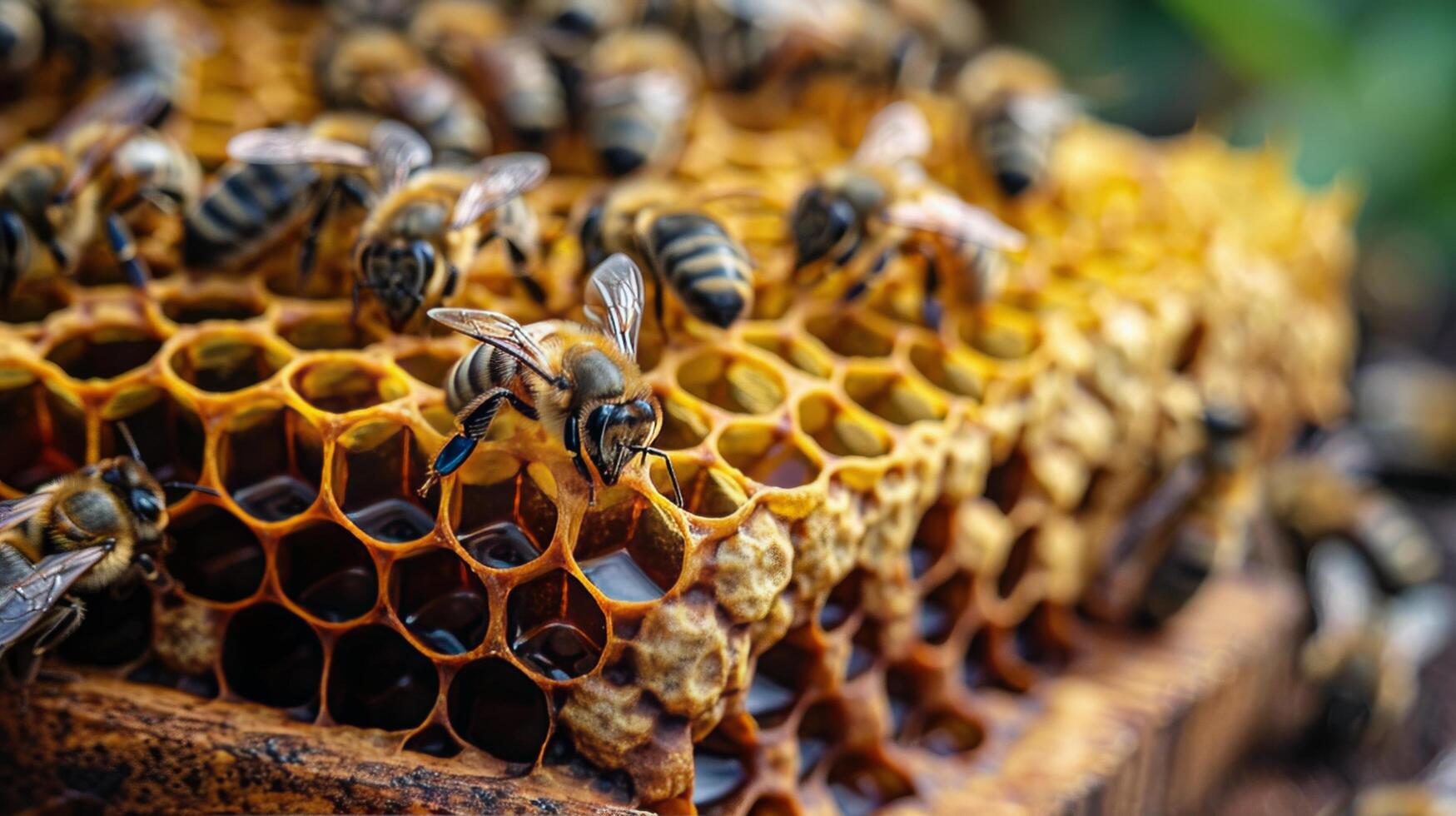 ai gegenereerd groep van bijen Aan honingraat foto