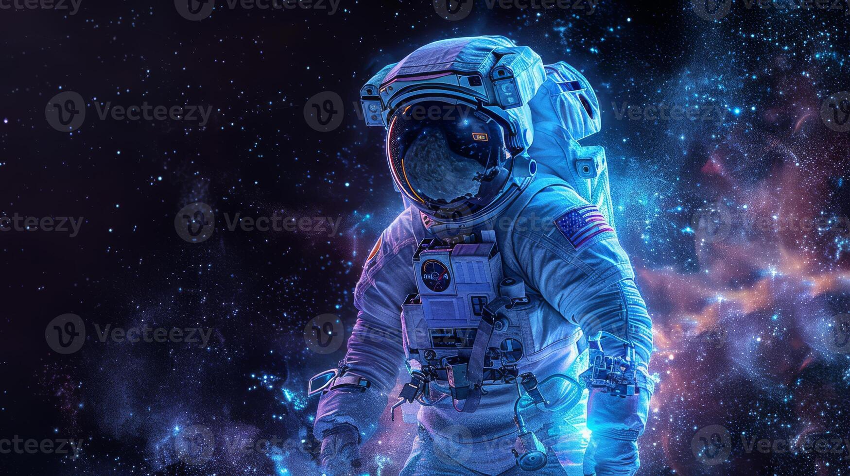 ai gegenereerd kosmisch figuur van een astronaut in blauw en Purper licht slagen, zwart achtergrond foto