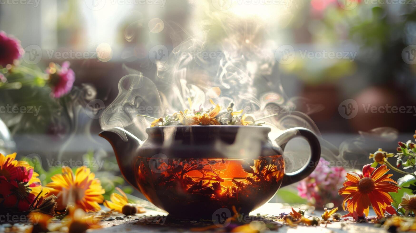 ai gegenereerd een stomen pot van kruiden thee met bladeren wervelende in de omgeving van foto