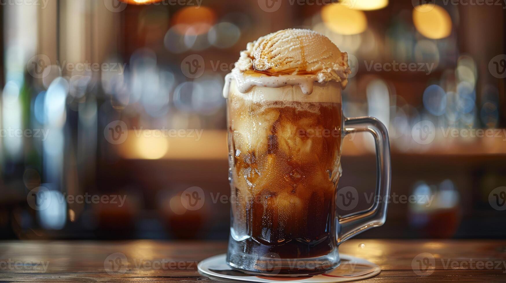 ai gegenereerd een ijzig mok van wortel bier met ijs room drijvend Aan top foto