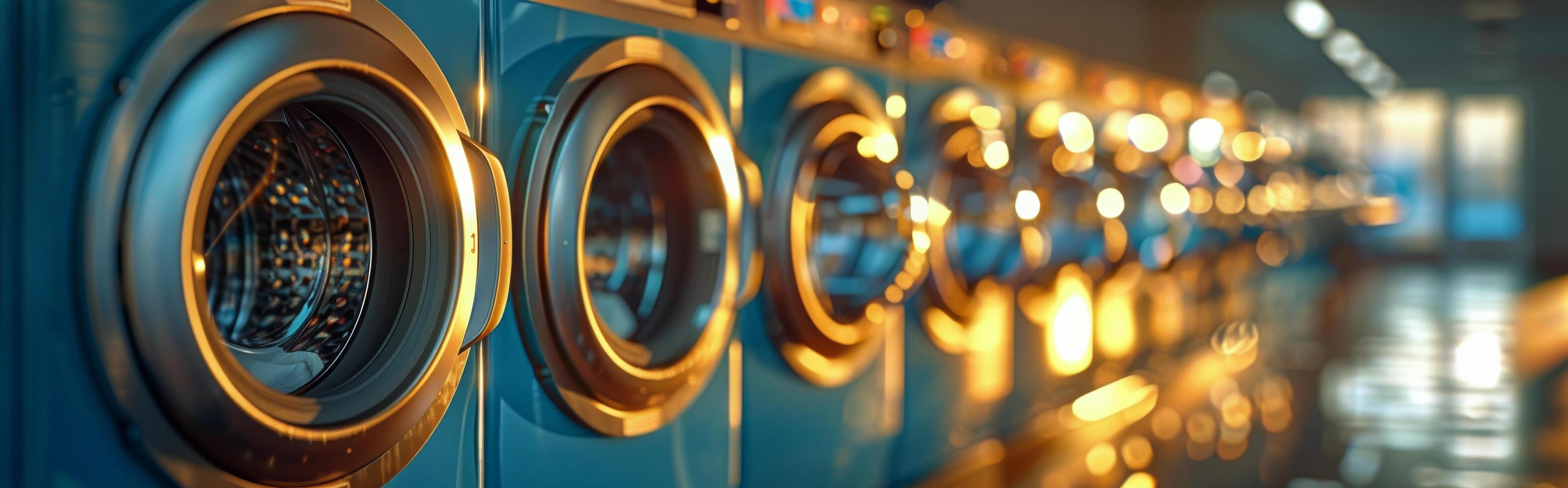 ai gegenereerd rij van het wassen machines in een wasserij kamer foto