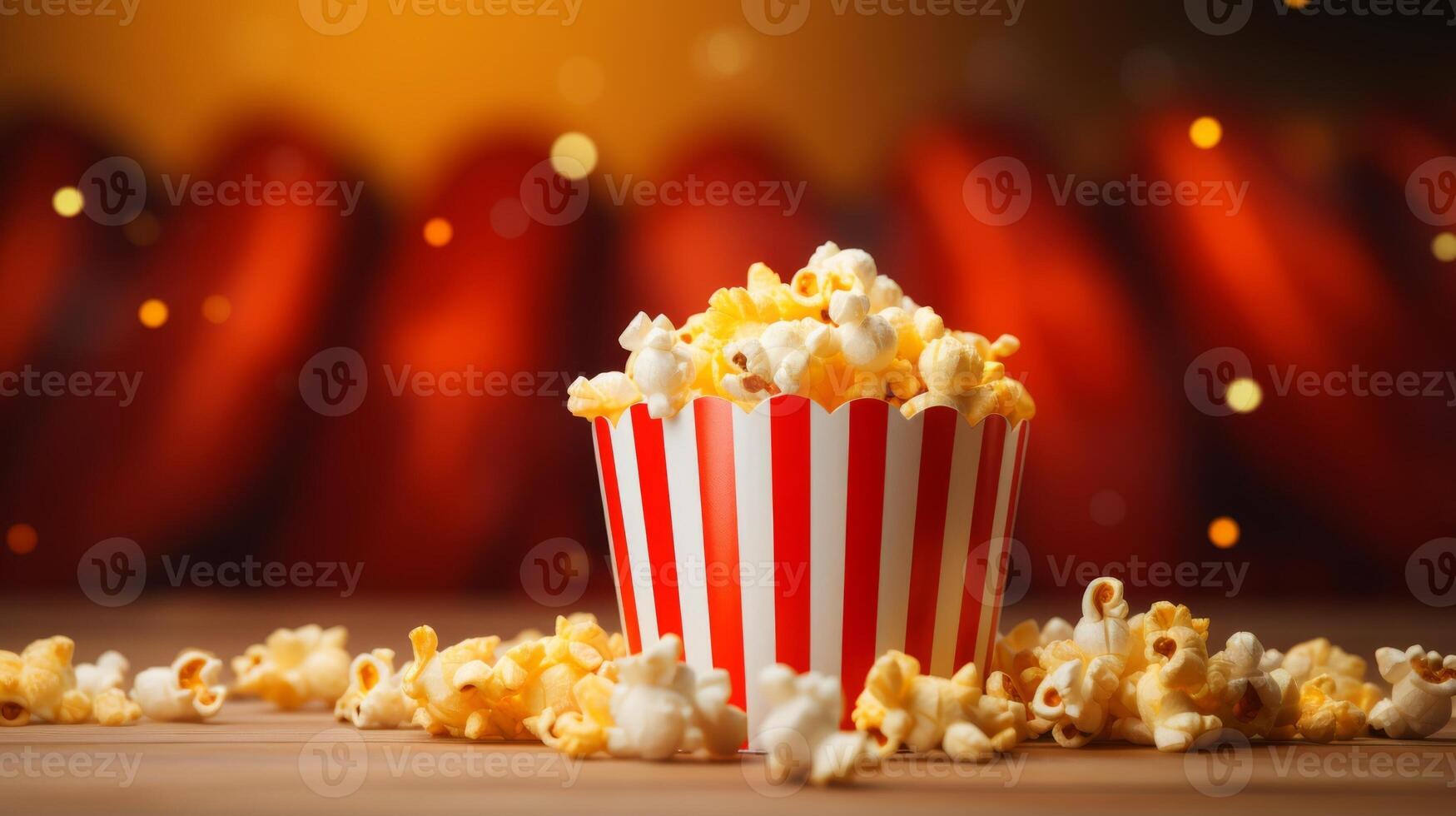 ai gegenereerd popcorn emmer met 3d bioscoop effect, ruimte voor tekst foto