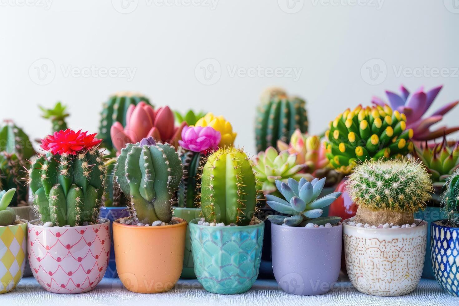 ai gegenereerd groep van divers binnen- cactussen en sappig planten in potten foto