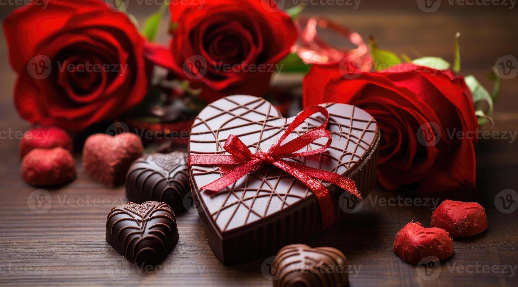 ai gegenereerd rood rozen en doos van chocolaatjes voor romance en valentijnsdag dag cadeaus foto