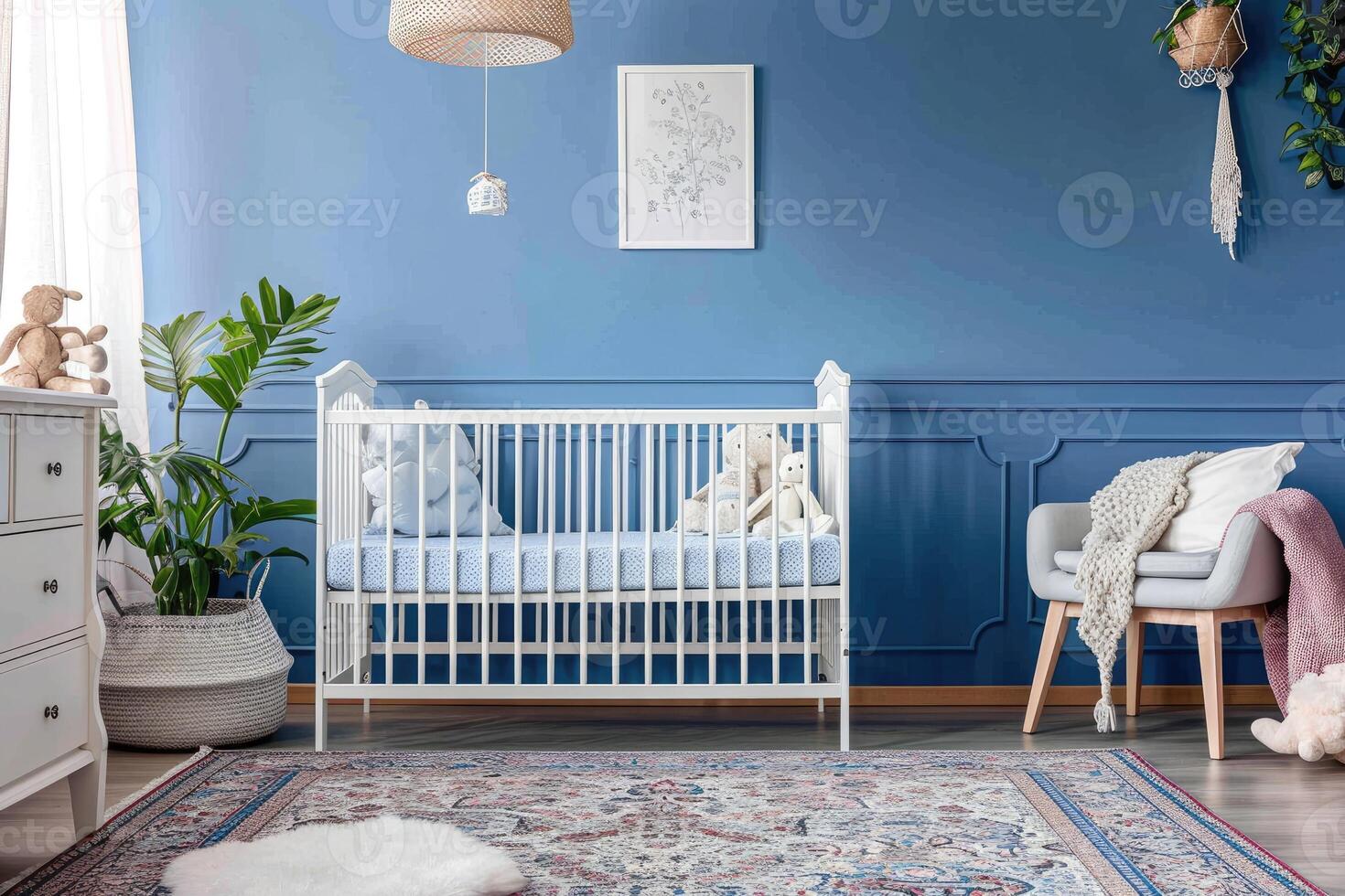 ai gegenereerd gemakkelijk, blauw baby slaapkamer met kinderbed en tapijt. foto