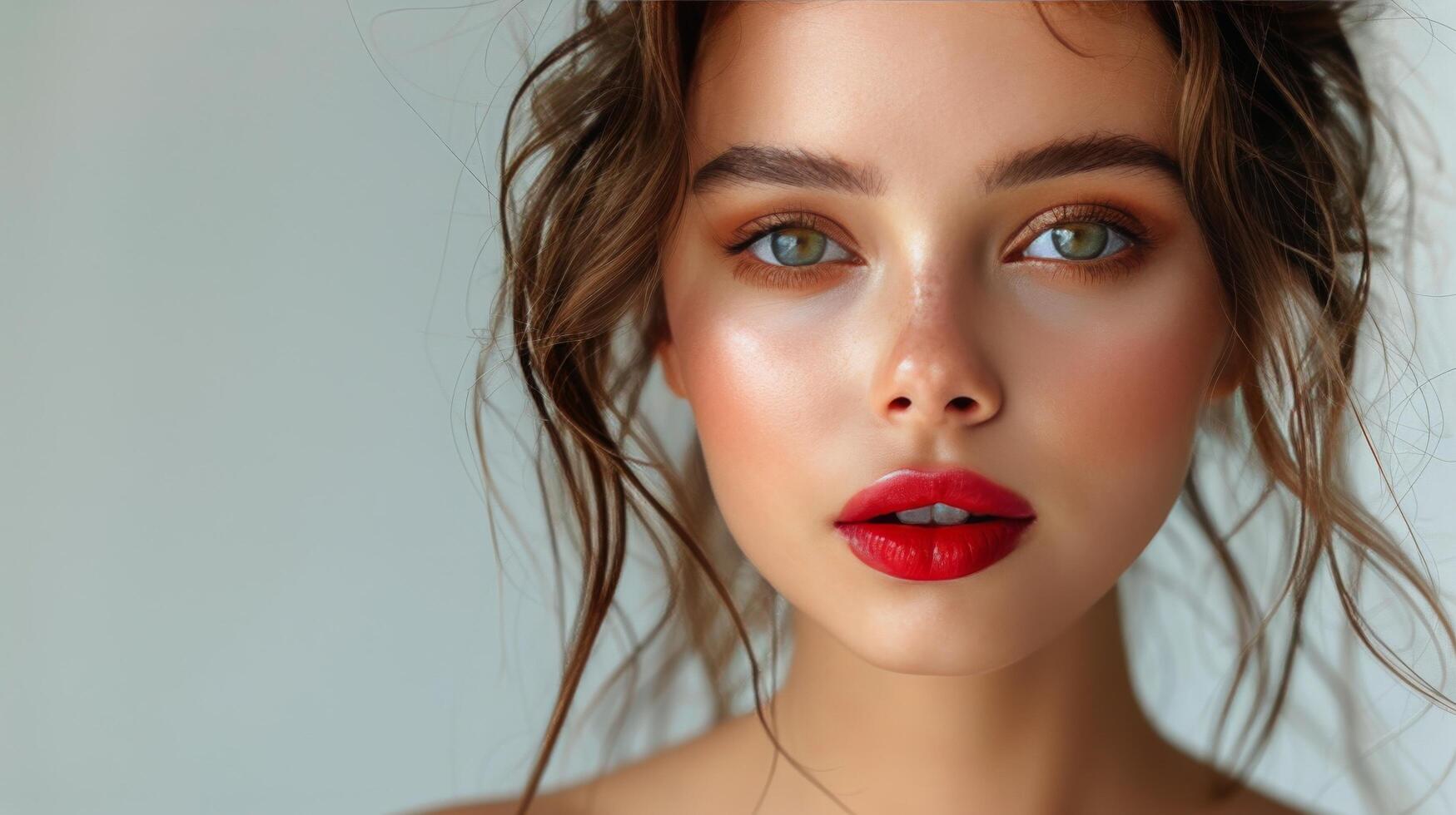 ai gegenereerd vrouw met rood lippenstift Aan gezicht foto