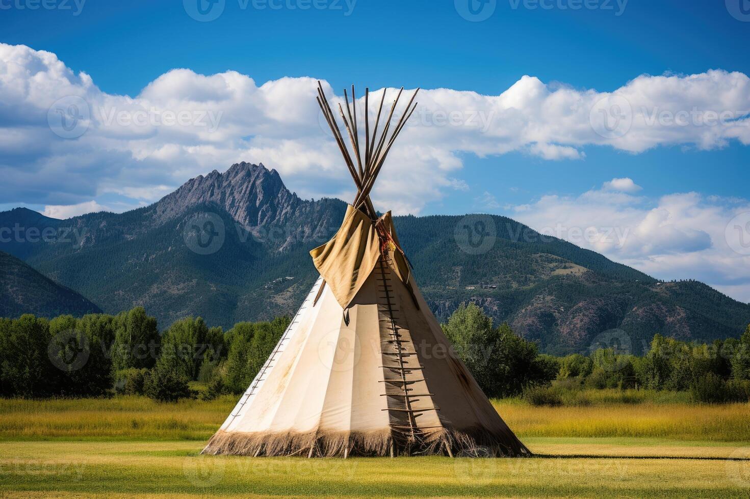 ai gegenereerd Tipi met bergen in achtergrond. foto