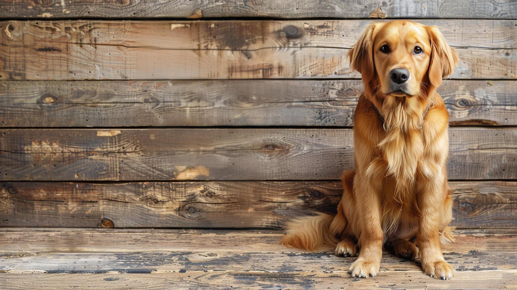 ai gegenereerd bruin hond zittend Aan houten verdieping foto