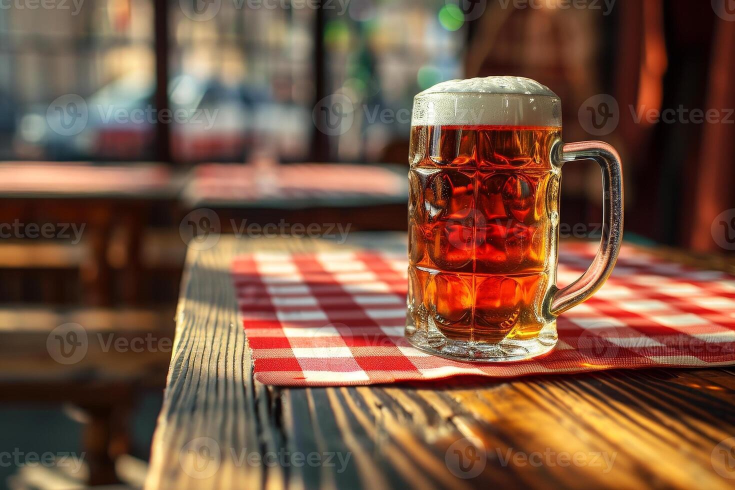 ai gegenereerd kroeg interieur, een mok van bier Aan top van een houten tafel gedekt met rood en wit geruit tafelkleed foto