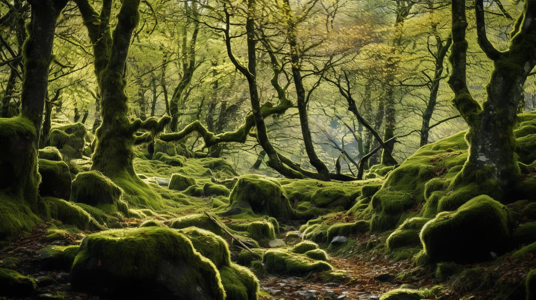 ai gegenereerd een groen bos- met bemost bomen en varens en een licht schijnend door foto