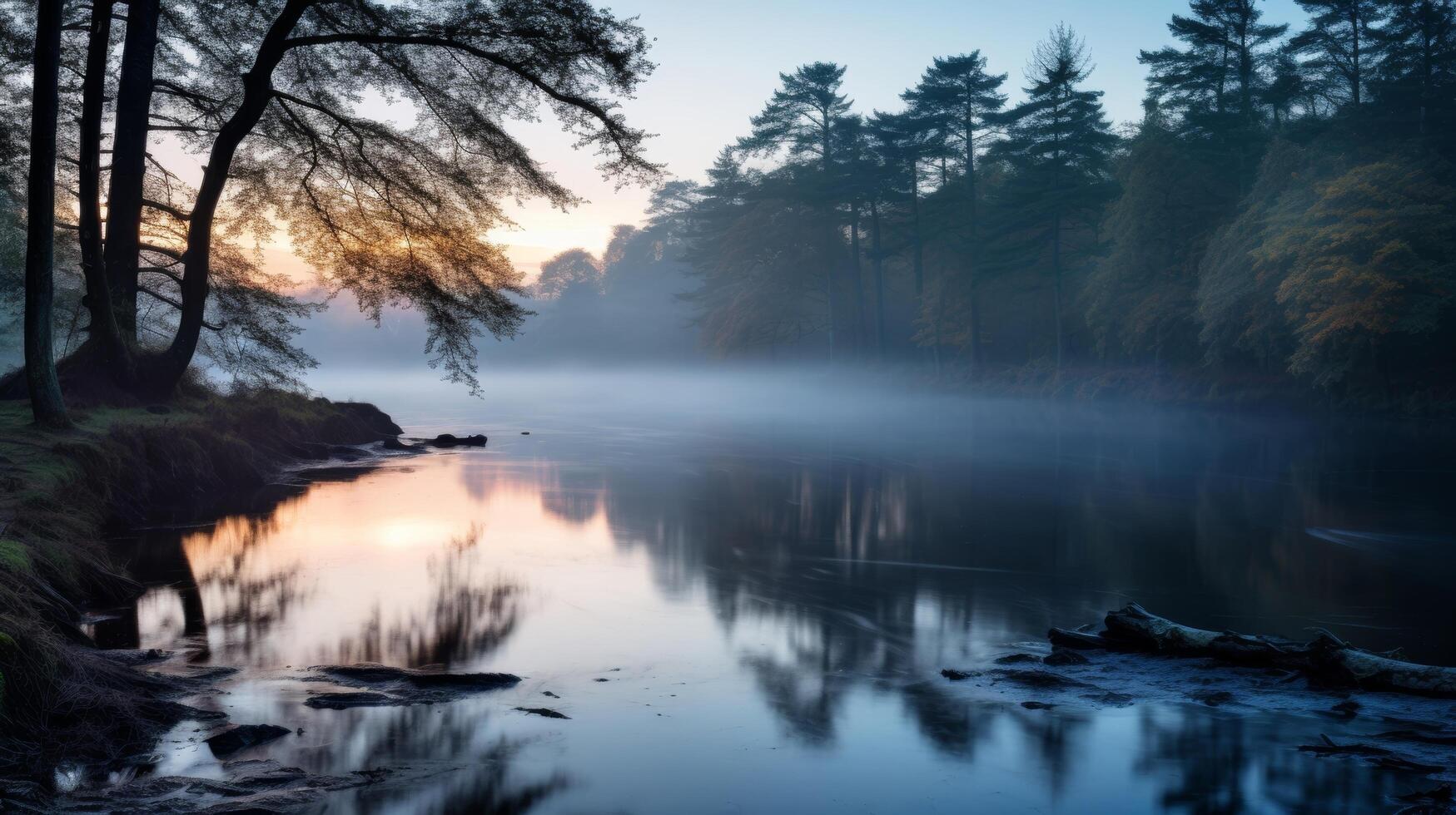 ai gegenereerd de nevelig ochtend- en de rustig meer hoe ze creëren een magisch atmosfeer foto