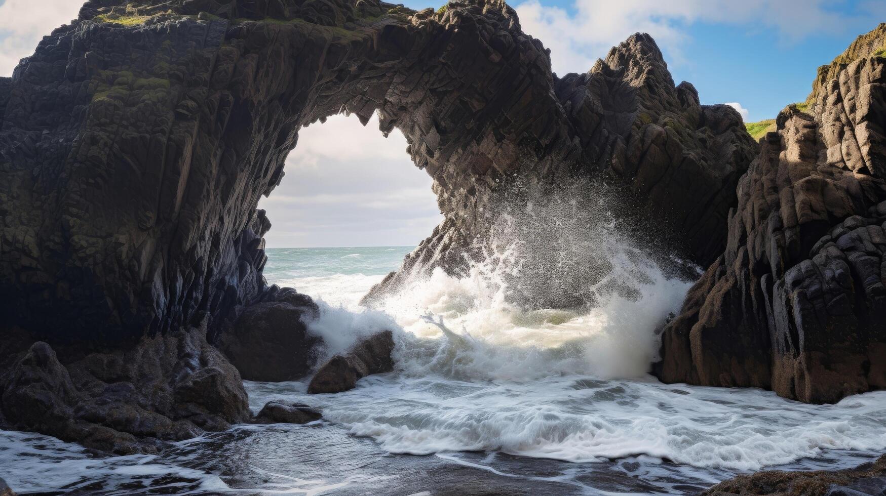 ai gegenereerd kust- boog met turbulent golven spatten door foto