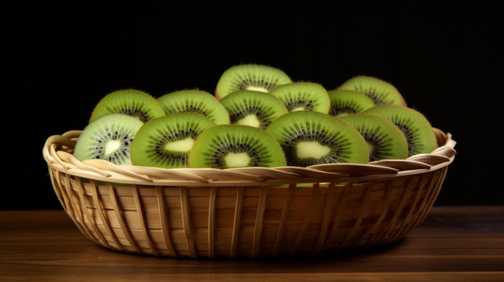 ai gegenereerd kiwi plakjes in minimalistische mand foto