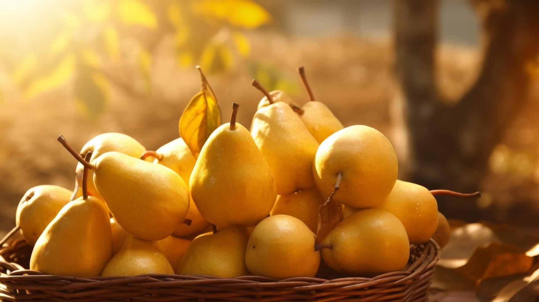 ai gegenereerd mand boordevol met gouden zon gekust peren foto