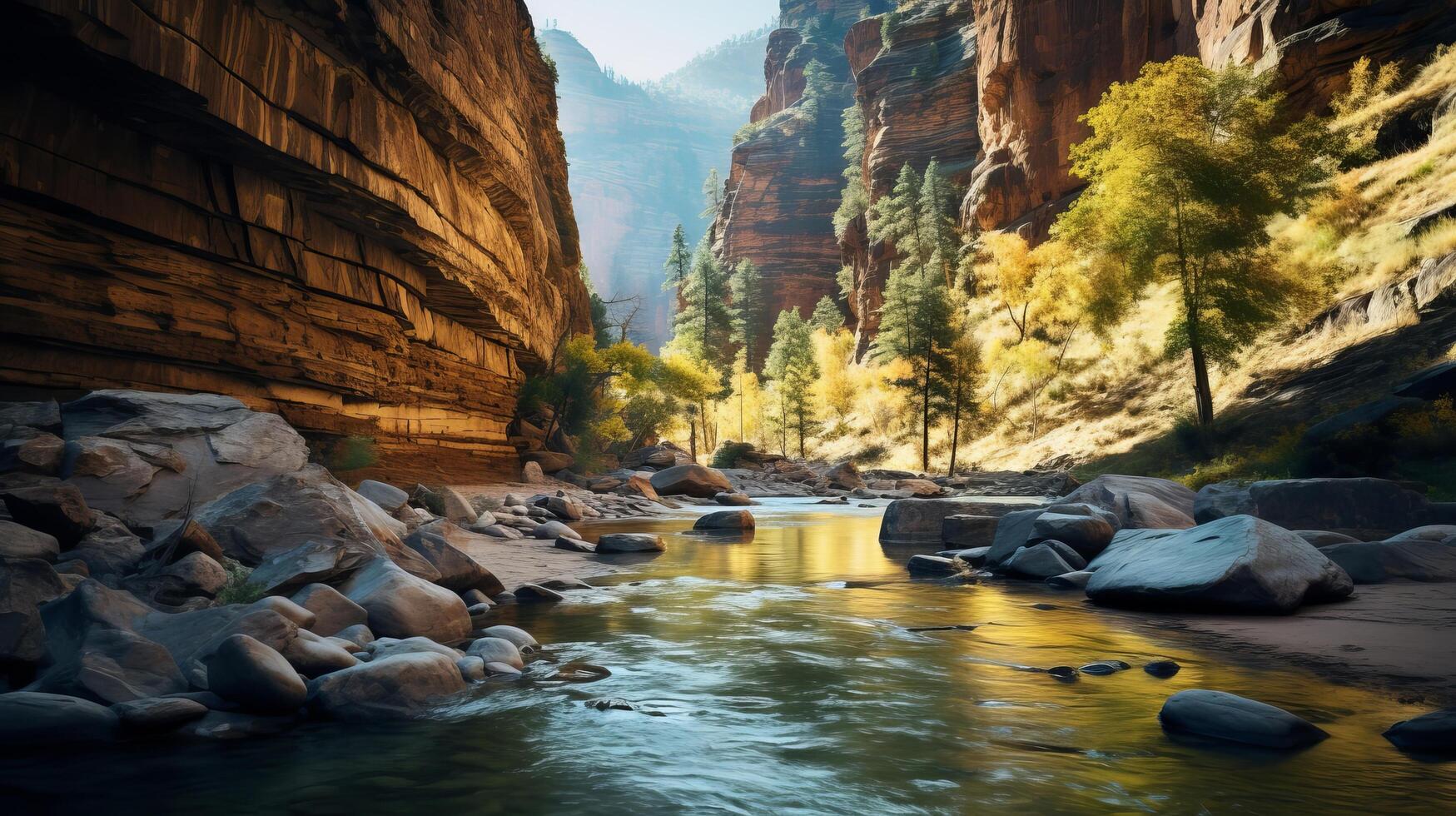 ai gegenereerd mooi landschap van een rivier- vloeiende door een rotsachtig Ravijn foto