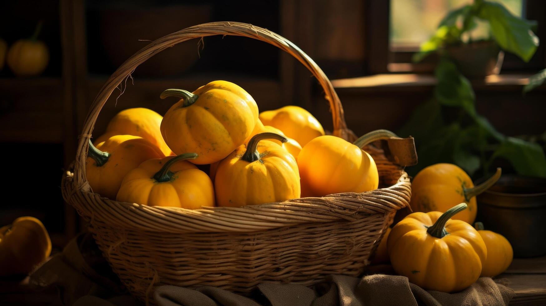 ai gegenereerd rustiek mand houdt butternut squash foto