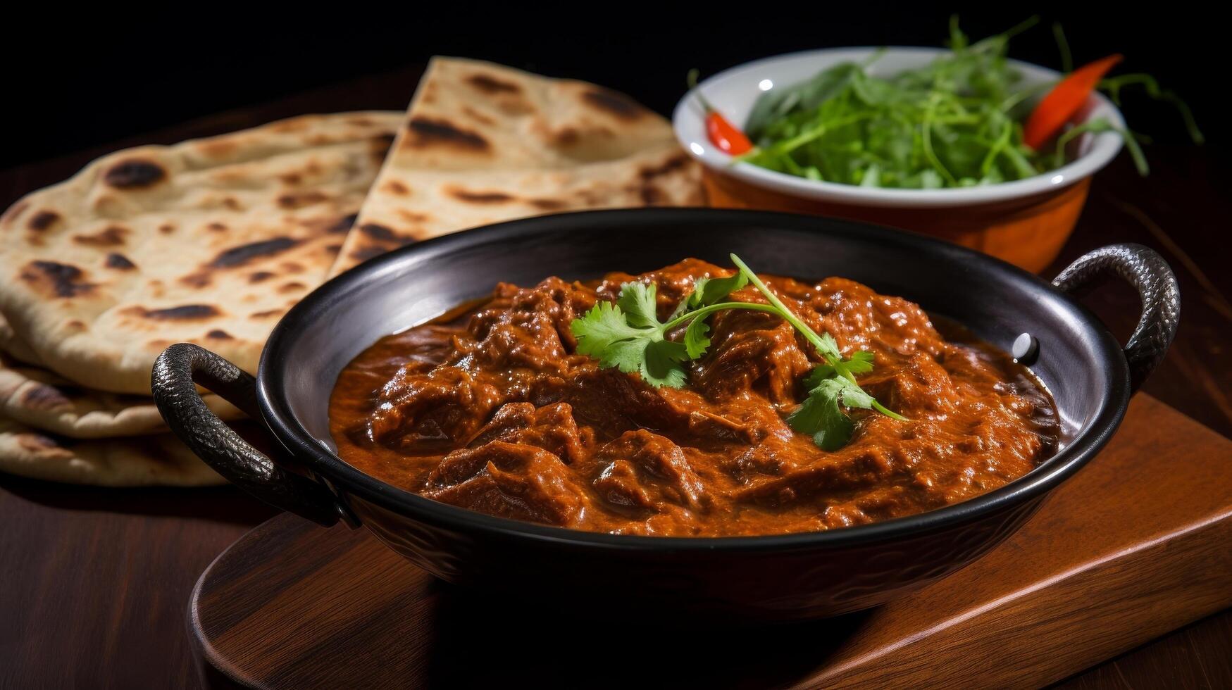 ai gegenereerd dichtbij omhoog van aromatisch kom met pittig rogan josh foto