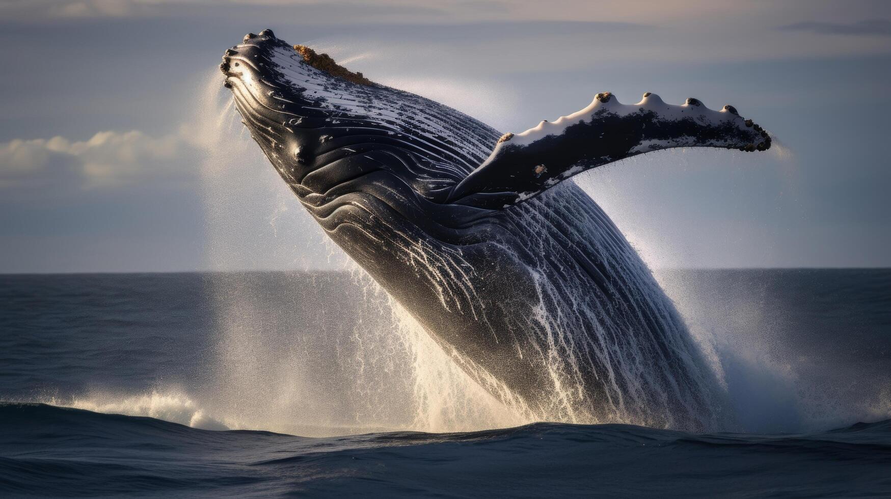 ai gegenereerd gebochelde walvis overtreden in blauw oceaan water foto