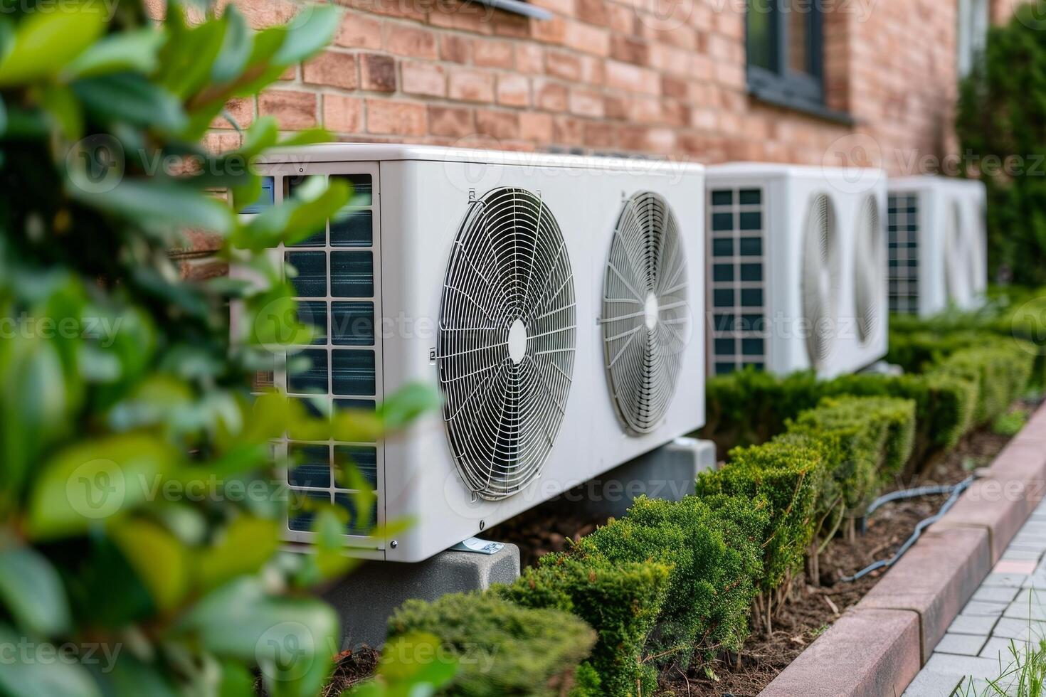 ai gegenereerd lucht bron warmte pomp geïnstalleerd in woon- gebouw, presentatie van energie rendement en eco vriendelijk verwarming en koeling oplossingen. duurzame technologie voor verminderd koolstof voetafdruk. foto