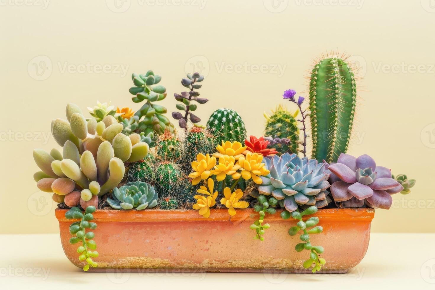 ai gegenereerd groep van divers binnen- cactussen en sappig planten in pot foto