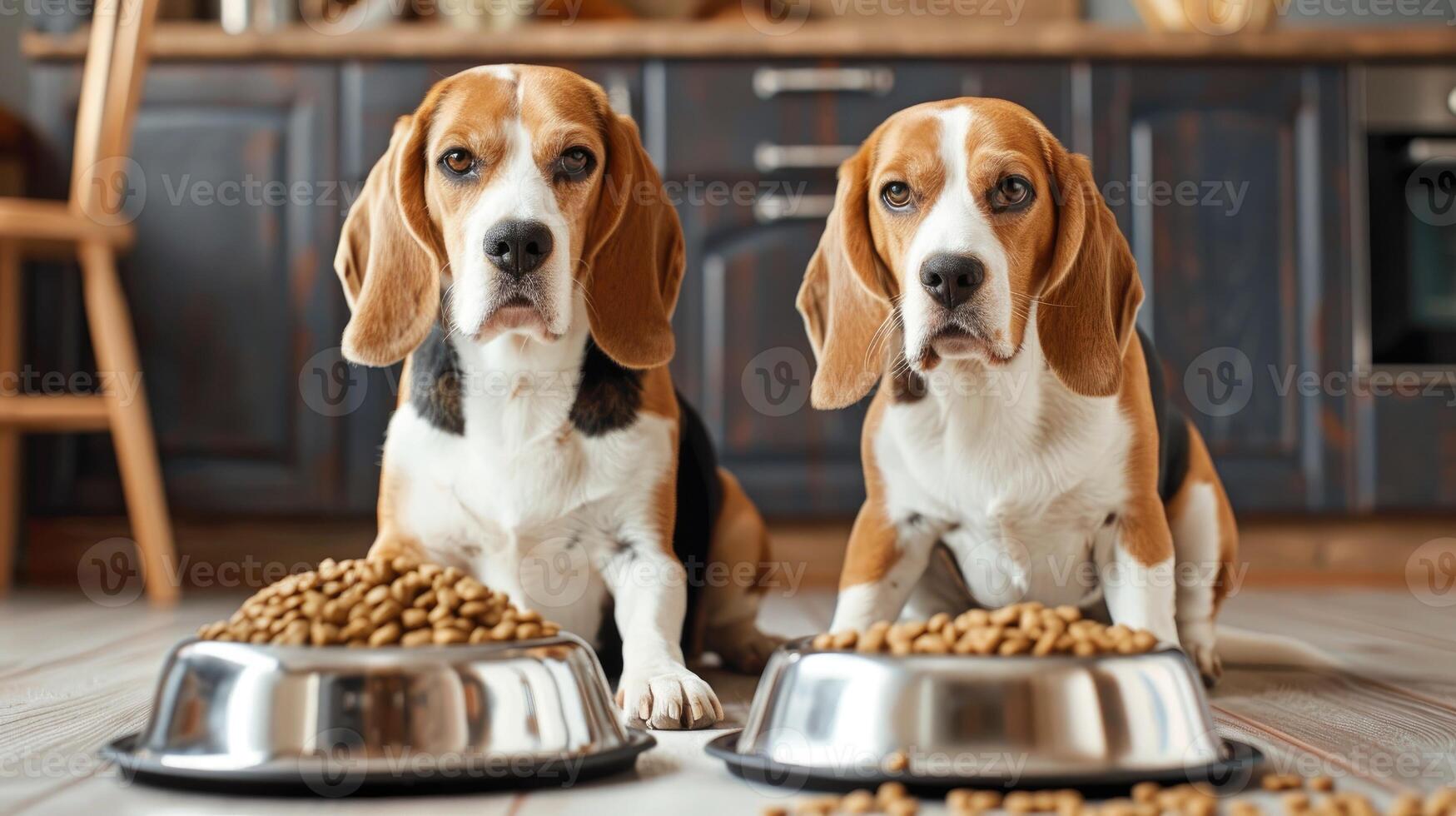 ai gegenereerd twee beagles honden gezeten met een schotel van droog voedsel. foto
