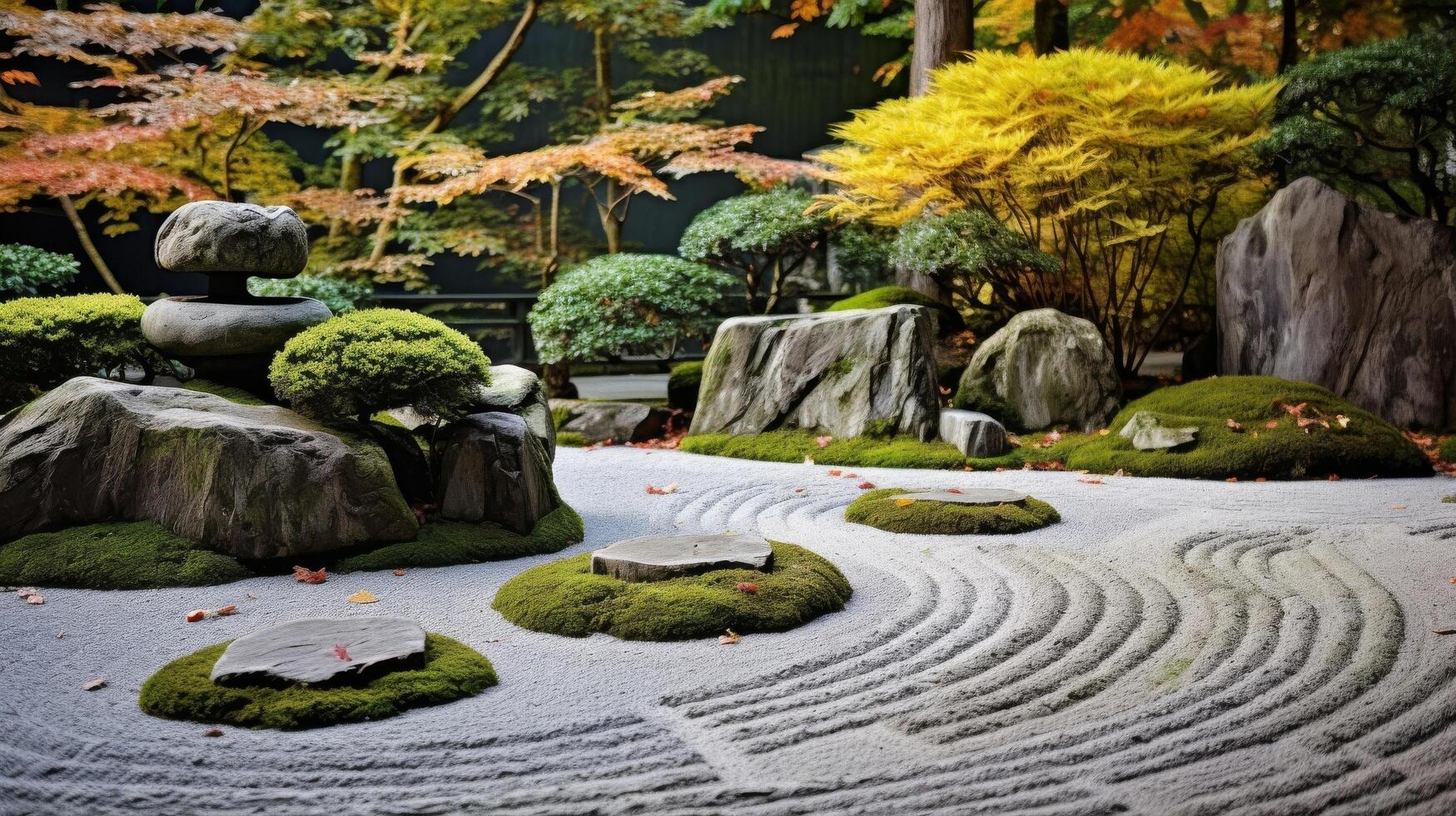 ai gegenereerd een zen rots tuin met geharkt zand, stenen, en een bamboe hek foto