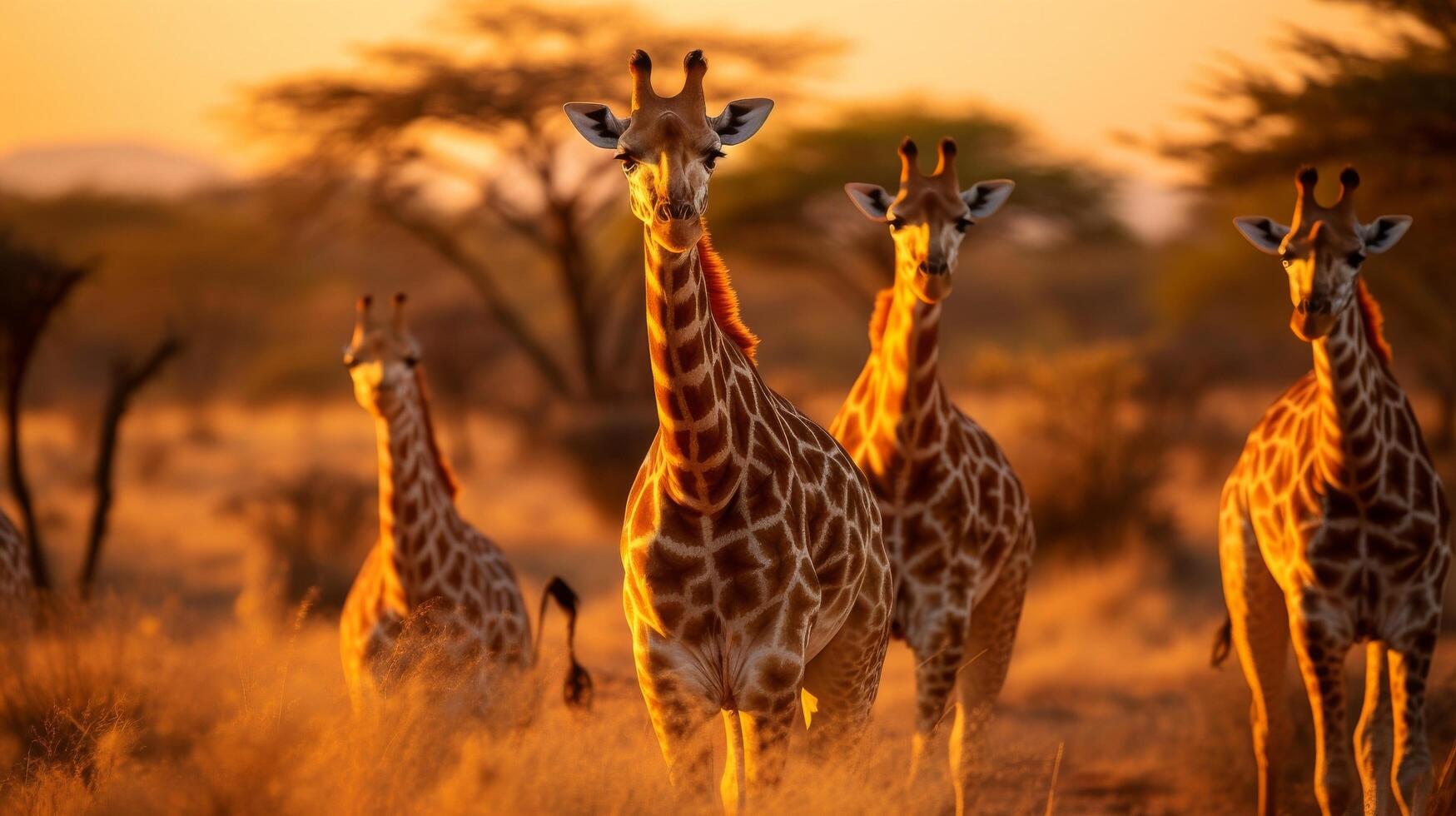 ai gegenereerd gouden savanne met giraffe groep in natuur foto