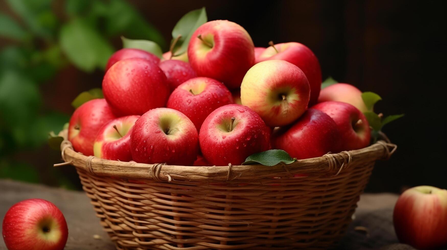 ai gegenereerd rijp rood appels verzameld in een charmant rustiek houder foto