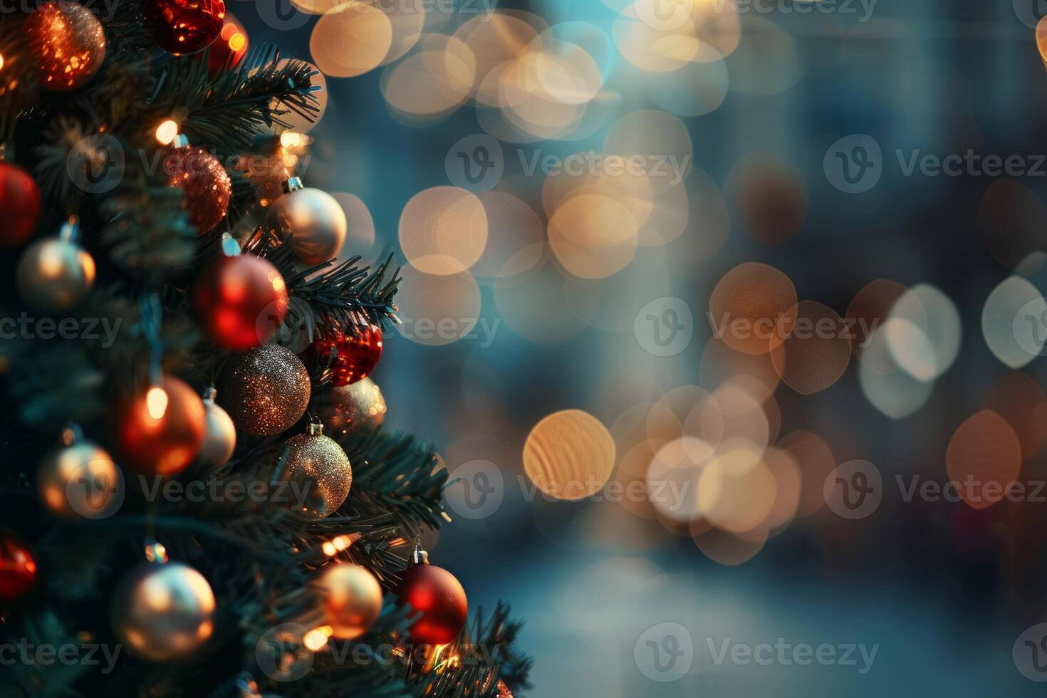 ai gegenereerd versierd Kerstmis boom Aan wazig achtergrond, onscherp lichten behang foto