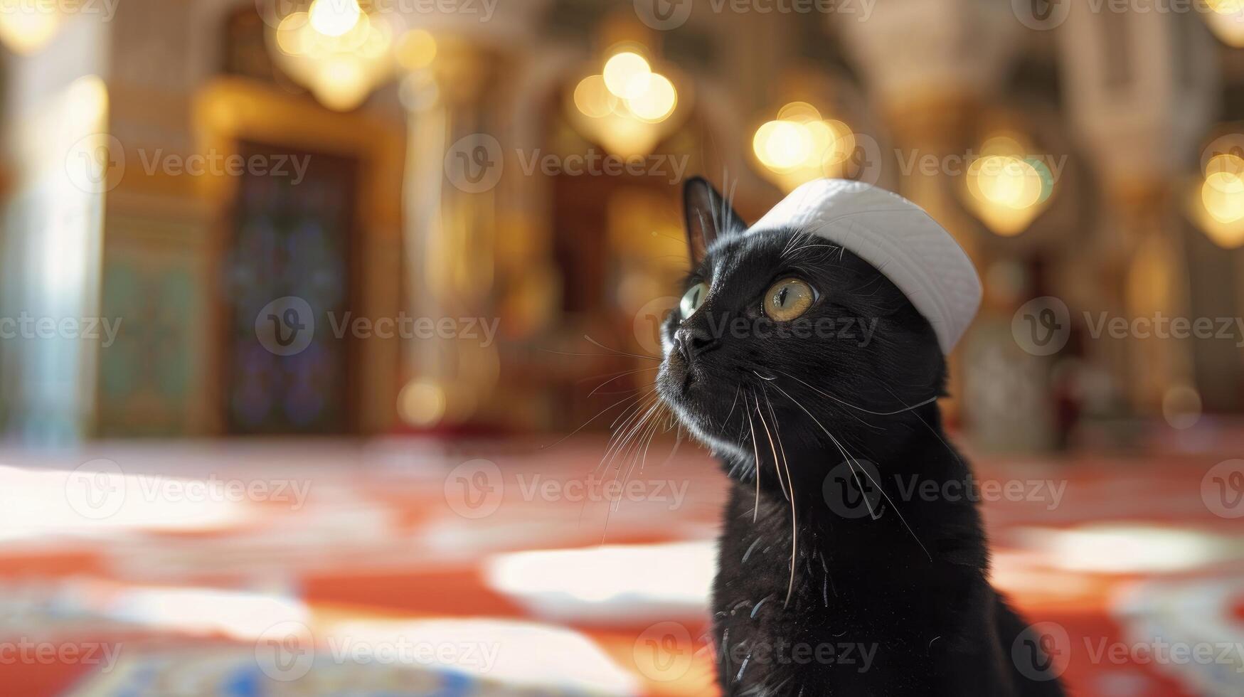 ai gegenereerd een zwart kat vervelend wit kufi pet, Islamitisch achtergrond, eid mubarak foto