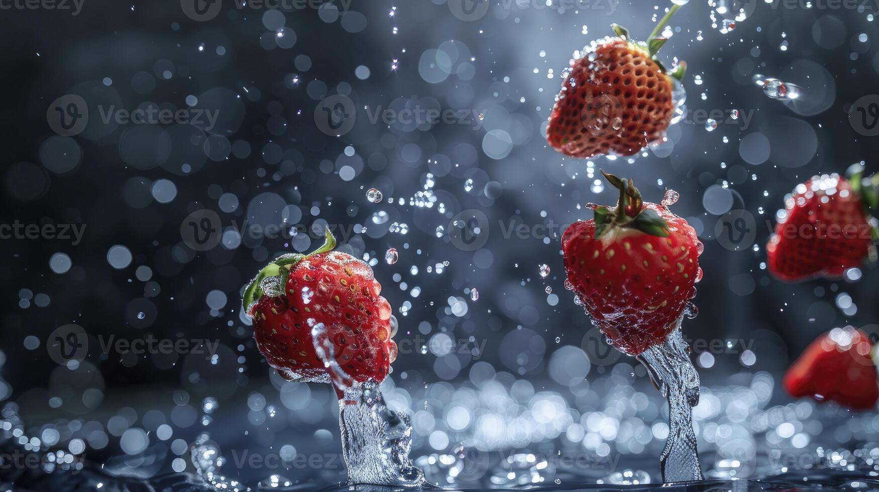 ai gegenereerd aardbeien en water in de lucht Aan een zwart achtergrond, foto