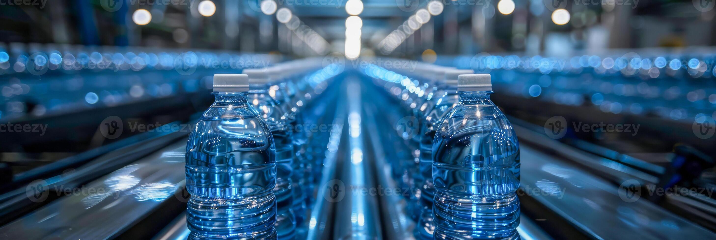 ai gegenereerd een rij van gebotteld water flessen is in beweging langs een transportband riem Aan een industrieel productie lijn. de flessen zijn wezen vervoerd voor verpakking en distributie foto