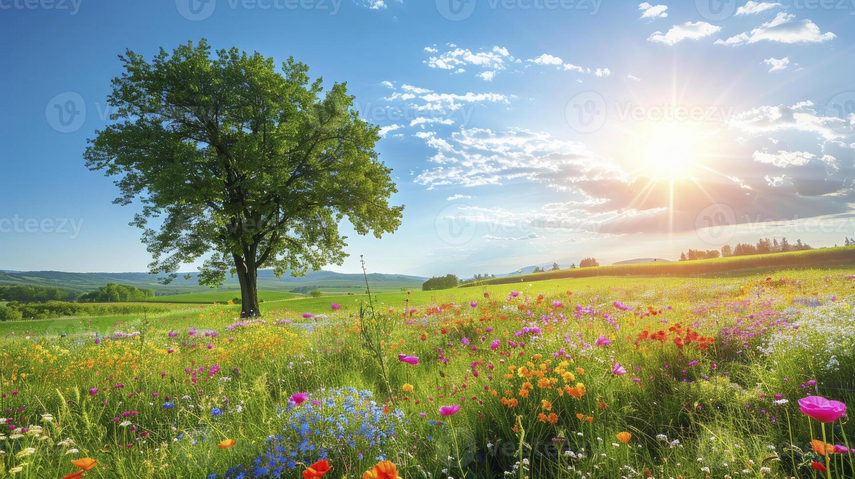 ai gegenereerd kleurrijk voorjaar zomer landschap achtergrond foto