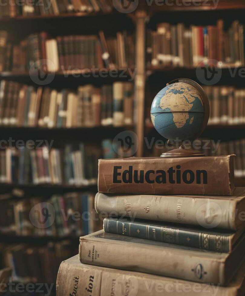 ai gegenereerd boeken met de woord onderwijs Aan top Kenmerken een aarde wereldbol. foto