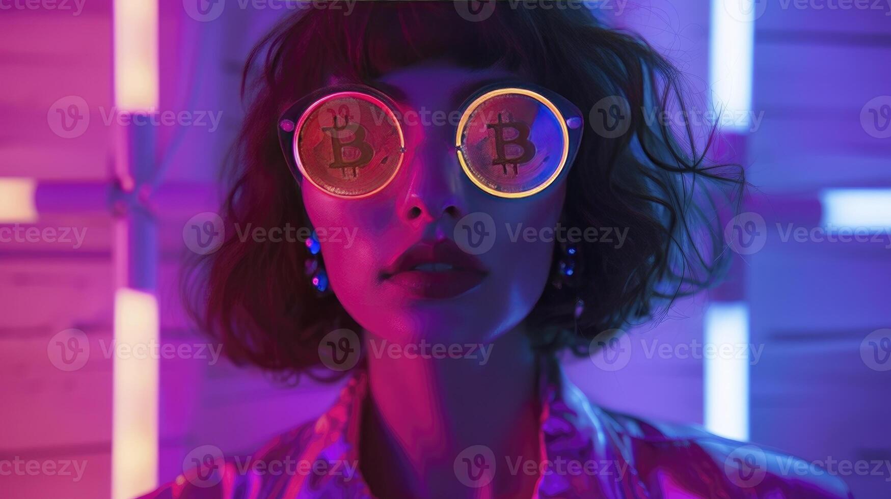 ai gegenereerd een portret van een hipster vrouw vervelend bitcoin bril, neon verlichting, met bitcoins voor lenzen. foto