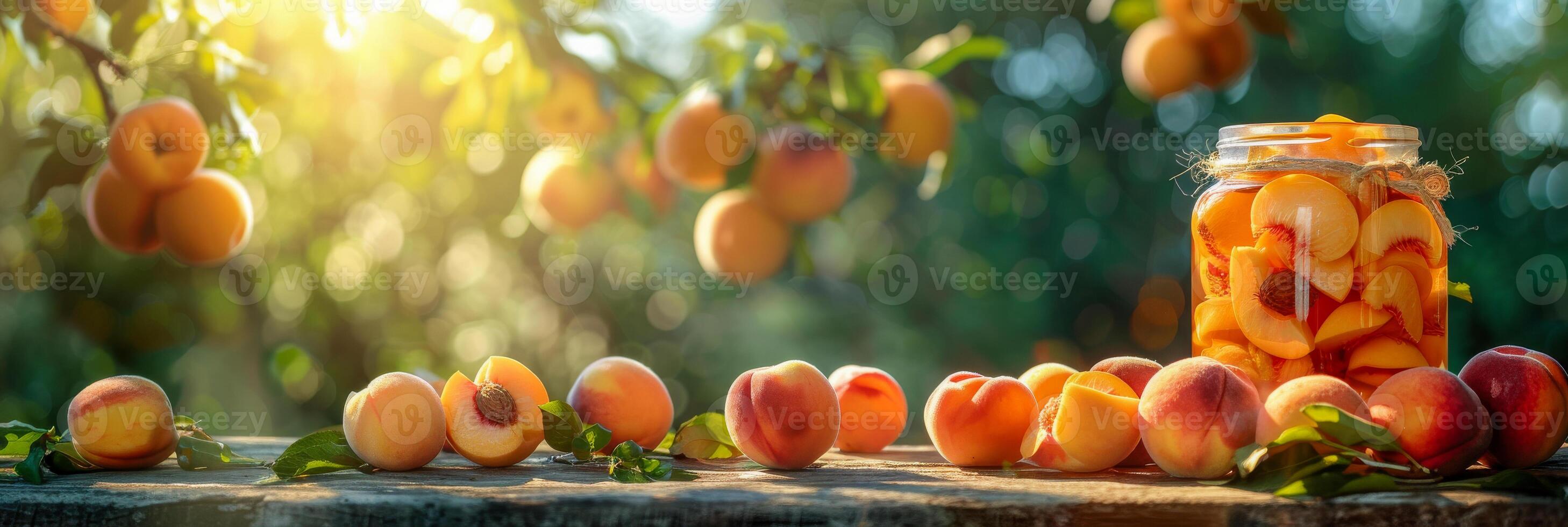 ai gegenereerd een pot gevulde met rijp perziken zit Aan top van een rustiek houten tafel, creëren een gemakkelijk nog charmant tafereel foto