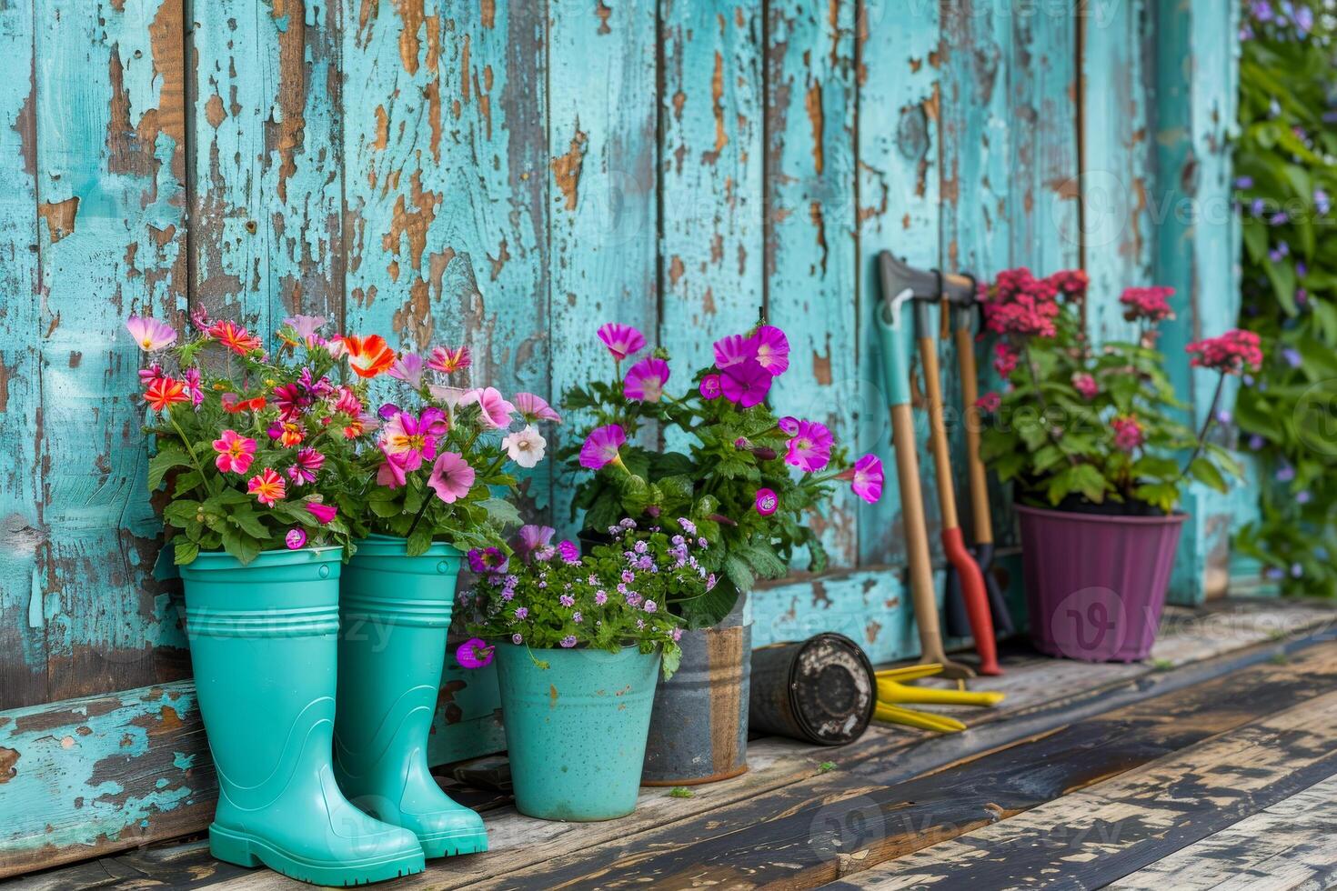 ai gegenereerd een levendig Scherm van lente tuinieren, met kleurrijk bloemen in vol bloeien, geregeld De volgende naar groen rubber laarzen en tuinieren gereedschap foto