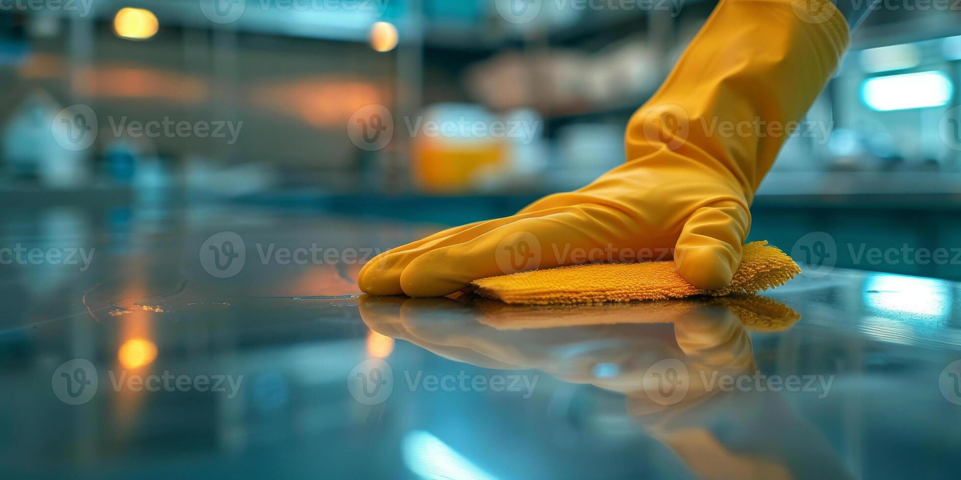 ai gegenereerd een persoon vervelend geel handschoenen is schoonmaak een tafel. de individu is gefocust en aandachtig, afvegen naar beneden de oppervlakte ijverig met een kleding foto